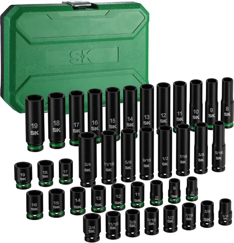 SK Juego de llaves de impacto de 3/8 pulgadas, 40 piezas de vasos profundos y poco profundos, métrico 8 a 19 mm, SAE 5/16" a 3/4", acero CR-MO