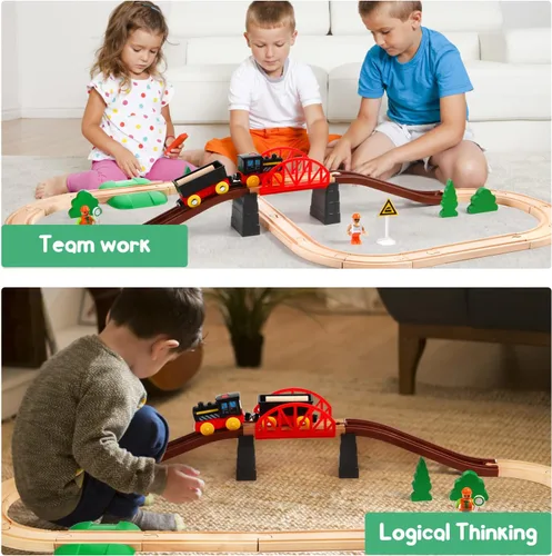 Vista 6 de Asweets Juego de tren de madera para niños pequeños, 40 piezas con riel de tren eléctrico para Thomas, Brio, Melissa y Doug imán de tren de batería