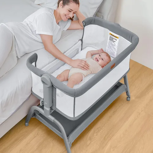 Vista 9 de BabyBond - Cuna para bebé ajustable al lado de la cama, 3 en 1 con colchón suave lavable y sábana, cuna de 6 alturas ajustable al lado de la cama