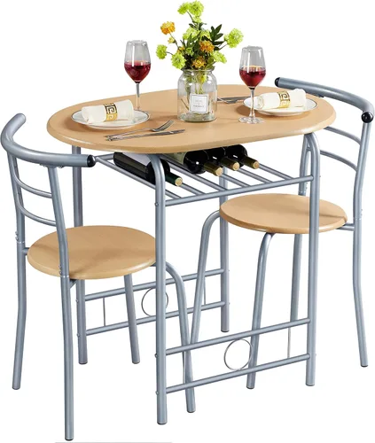 Vista 11 de Yaheetech Juego de mesa de comedor de 3 piezas, juegos de mesa de cocina y sillas para 2, juego de mesa compacto con patas de acero, estante de vino