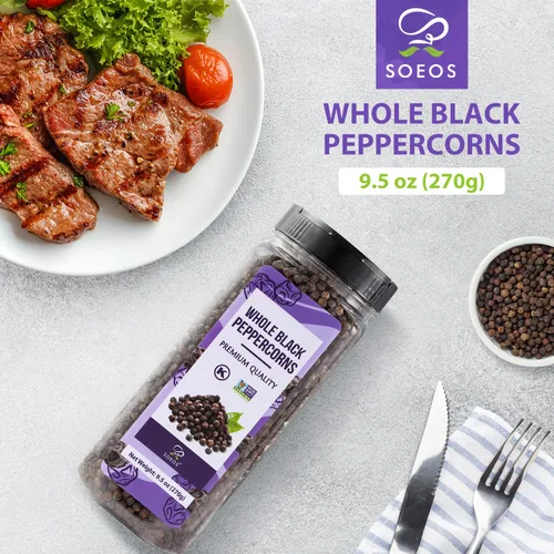 Vista 3 de Soeos Pimienta negra entera, 9.5 onzas (270g), sin organismos genéticamente modificados, certificada Kosher, granos de pimienta enteros perfectos
