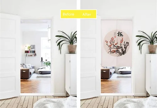 Vista 4 de Cortina japonesa Noren para puerta, tapiz de algodón y lino, cortinas opacas para puerta, panel de decoración de pared, corazón chino Sutra 29 x 47