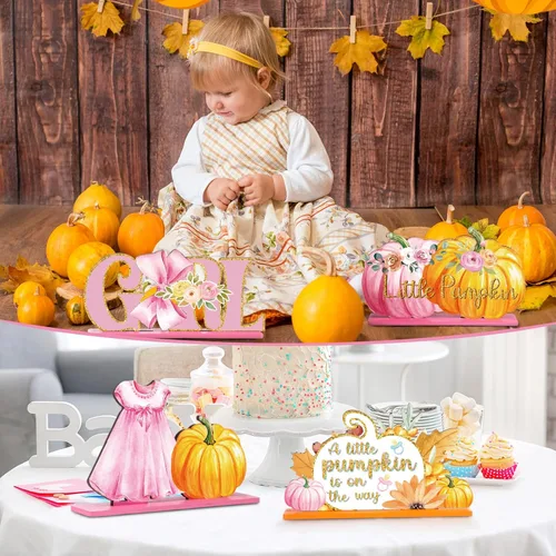 Vista 6 de 6 piezas de decoración de otoño para baby shower de calabaza para niñas, decoración de mesa de otoño de madera para baby shower, centros de mesa