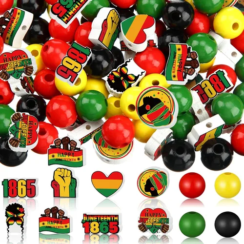 Vista 17 de Fabbay Juneteenth - 200 cuentas de madera de color negro, rojo, verde, amarillo, 1865, cuentas de madera para el Día de la Libertad, adornos
