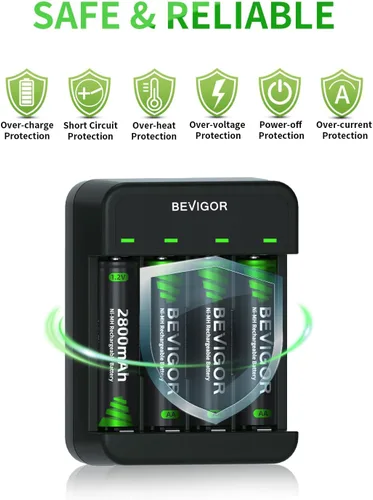 Vista 4 de BEVIGOR Rechargeable AA Batteries with Charger, 2800mAh 4-Pack NiMH Double A Batteries with Smart 4 Bay USB Fast Charging Battery Charger for Ni-MH
