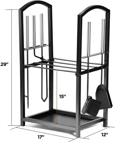 Vista 3 de HOME IT Soporte para leña interior y exterior - Soporte de leña de 2 niveles con juego de herramientas para chimenea, cepillo, pala, tenedor, pinzas