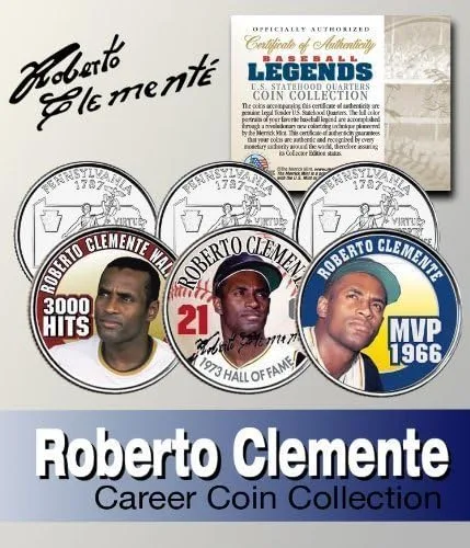 Leyenda del béisbol ROBERTO CLEMENTE Statehood Quarter Coloreado Juego de 3 monedas con licencia
