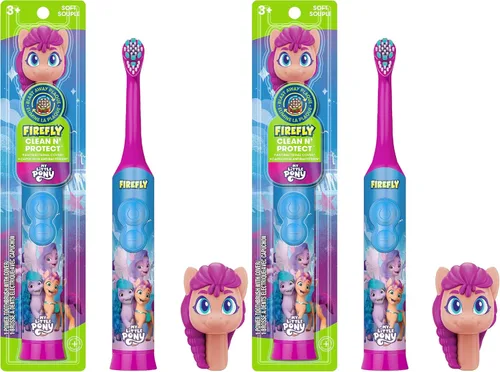 Vista 8 de Cepillo de dientes Firefly Clean N' Protect My Little Pony con cubierta de personaje 3D, cerdas suaves, batería incluida, para niños mayores de 3