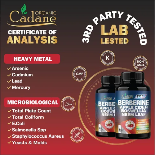 Vista 7 de Organic Cadane Suplemento de berberina 150 cápsulas, con hoja de neem, vinagre de sidra de manzana, VIT D3, E y más, extracto de berberina, apoyo