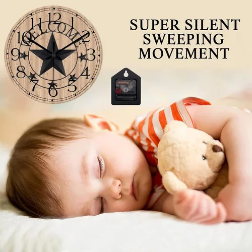 Vista 3 de Reloj de pared redondo de estilo rústico con estrella de Texas occidental, reloj de madera, silencioso, sin tictac, funciona con pilas, con números