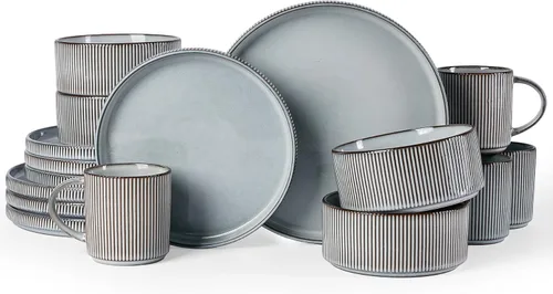 Vista 20 de Juego de vajilla Famiware Star con tazas, servicio para 4 (16 piezas), platos y cuencos de gres acanalado, resistentes a las astillas y a