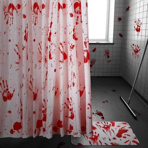 Vista 8 de Juego de 6 cortinas de ducha de huellas de manos sangrientas de Halloween, incluye cortina de ducha sangrienta, tapete de puerta con huellas