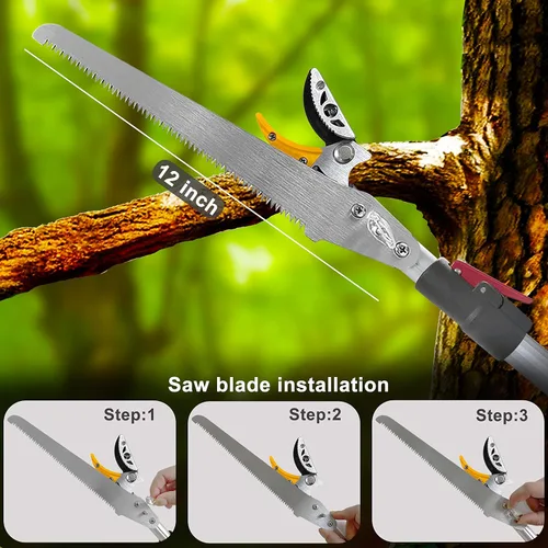 Vista 4 de Podadora telescópica de árbol de 5.8 a 10 pies con 2 secciones, 4 nodos ajustables, podadora de corte y sujeción, sierra de poste extensible