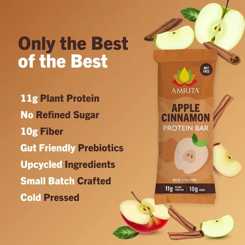 Vista 4 de Amrita Barras de proteína vegana de manzana y canela sin nueces (12 unidades) Barra de proteína a base de plantas de 0.43 oz Sin maní, sin