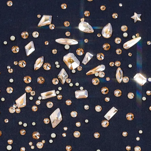 Vista 5 de Diamantes de imitación para uñas, 4300 unidades, oro champán, gemas de múltiples formas, diamantes de imitación de parte trasera plana, con kit