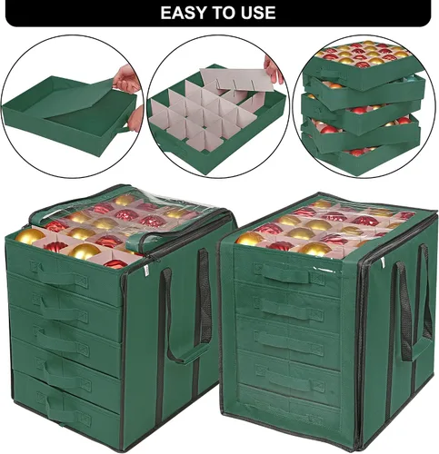 Vista 2 de ProPik Cajas de Almacenamiento de Adornos Navideños con Divisores - 5 Bandejas Separadas - Soporte para Adornos - Mantiene 100 Adornos Navideños