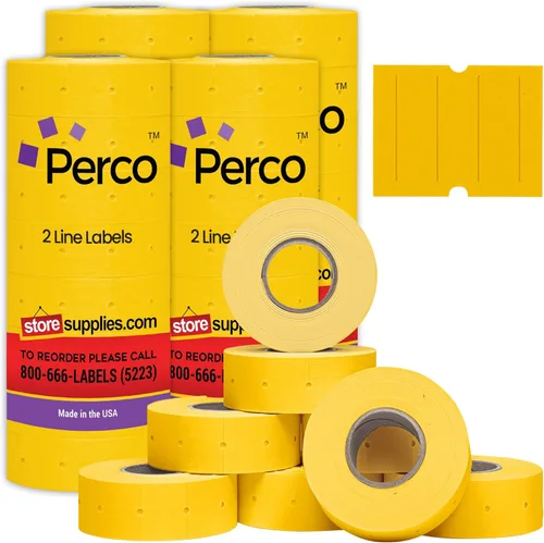 Vista 20 de Perco Etiquetas amarillas de 2 líneas, 8 rollos, 1 manga, 6,000 etiquetas de precio en blanco y fecha para pistolas Perco de 2 líneas de precio