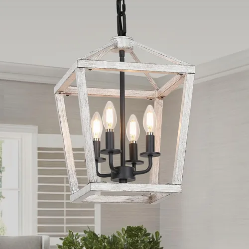 Vista 11 de Lámpara de araña de granja de 4 luces, lámpara de techo rústica tipo linterna con jaula de metal pintado de madera y cadena ajustable, luminaria