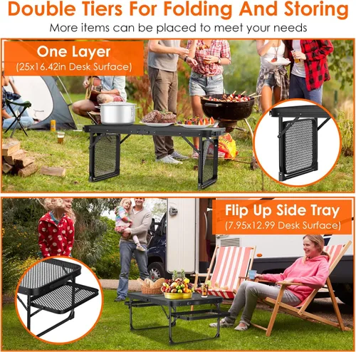 Vista 4 de KOCASO Mesa de parrilla, mesa de camping plegable con 2 paneles de alas, mesa de picnic portátil, mesa de metal con asa de transporte y soporte