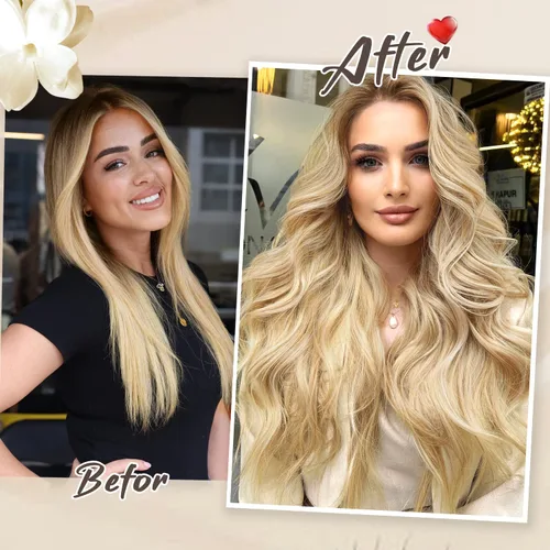 Vista 5 de Nnzes Extensiones de cabello largo ondulado con clip, 4 piezas, extensiones de cabello grueso de doble trama de 20 pulgadas, mezcla de rubio