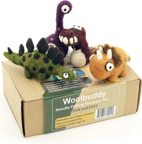 Woolbuddy Kit de fieltro de aguja: dinosaurios de fieltro para principiantes, adultos y niños, incluye lana, almohadilla, 4 agujas e instrucciones