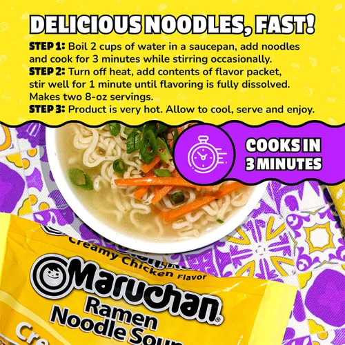 Vista 6 de Maruchan Ramen Fideos instantáneos sabor a pollo cremoso, comidas listas para comer, 3 oz, 24