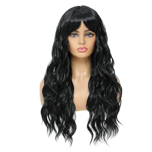 SWACC Peluca larga y rizada ondulada con flequillo peluca de pelo sintético para mujeres con gorra de peluca (negro)