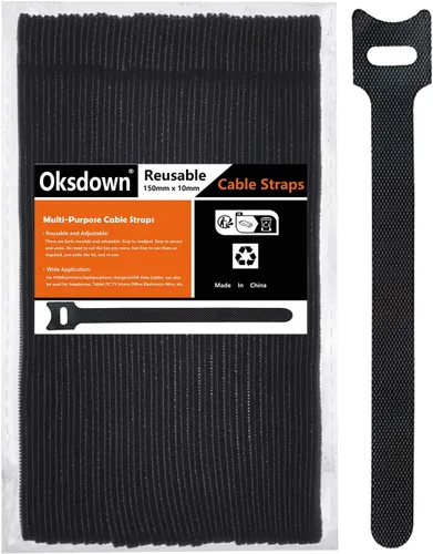 Paquete de 50 correas de cable reutilizables, color negro, paquete de 50 correas de cable con gancho y bucle, clips organizador de clips organizador
