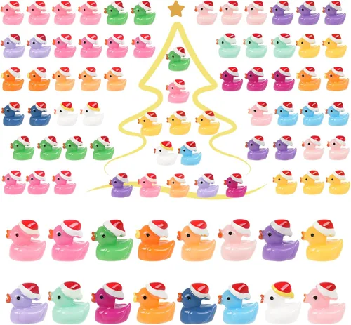 160 piezas de patos pequeños de Navidad con gorro de Santa, mini patos de resina, patitos pequeños de plástico para Navidad, accesorios para casa de