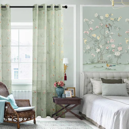 Vista 2 de XTMYI Cortinas transparentes verdes de hojas de 96 pulgadas de largo para sala de estar, puerta corrediza de cristal, juego de 2 paneles, cortinas