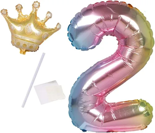 Vista 2 de Globo del número 2, globos decorativos para fiestas de cumpleaños infantiles, globos de aluminio con corona digital (2)