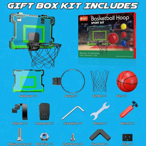 Vista 8 de OKKIDY Mini aro de baloncesto para interiores, aro de baloncesto iluminado con marcador LED electrónico, pequeños juguetes de baloncesto al aire