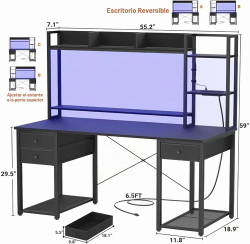 Vista 3 de Aheaplus Escritorio LED para Gaming con Hutch, 47.2'' Estación de Trabajo para Computadora, Negro
