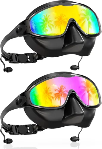 Aegend Gafas de natación con cubierta de nariz para adultos, paquete de 2 gafas de natación de visión amplia, antiniebla/UV, sin fugas, para hombres