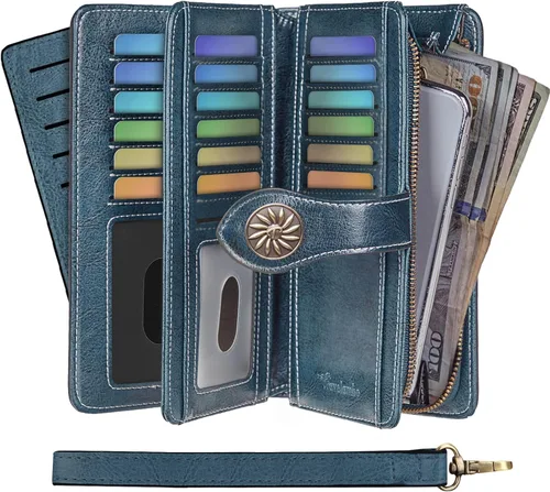 Vista 2 de Travelambo Cartera para mujer, de gran capacidad, con bloqueo RFID, de piel auténtica, cartera