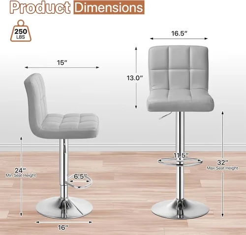 Vista 3 de Magshion Juego de 2 taburetes de bar, modernos taburetes de bar giratorios de piel sintética con respaldo, sillas de bar cuadradas ajustables sin
