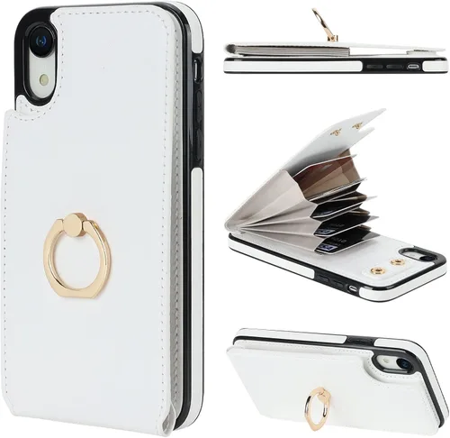 Vista 11 de Folosu Funda compatible con iPhone XR con soporte para tarjetas, rotación de 360°, soporte de anillo de dedo con función atril, bloqueo RFID, piel