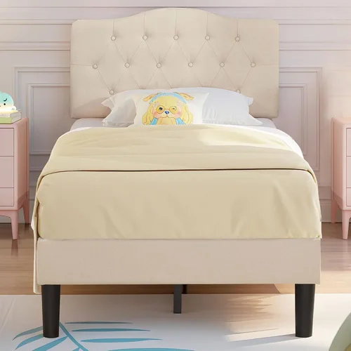 VECELO Base de cama de plataforma de tamaño individual con cabecera tapizada de tela y soporte de listones de madera, no necesita somier/fácil Beige