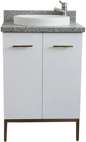 Vista 8 de Tivoli - Lavabo redondo individual de madera maciza de 25 pulgadas en piedra de granito blancogris