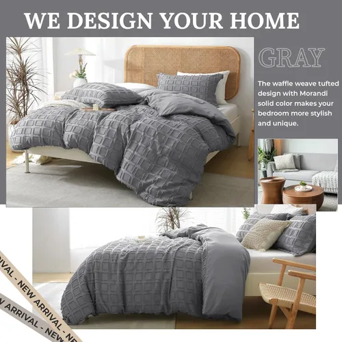Vista 6 de MILDLY Juego de funda de edredón de tejido gofre, funda de edredón gris copetuda, 100% microfibra lavada, suave y transpirable, con textura, cierre