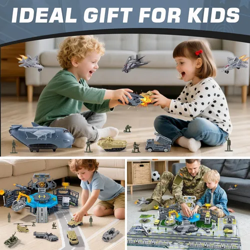 Vista 7 de Juguete de Base Militar, Set de Juguetes del Ejército con 14 Vehículos Avión Avión Tanque Camiones Helicóptero Jet de Combate, Tapete de Juego