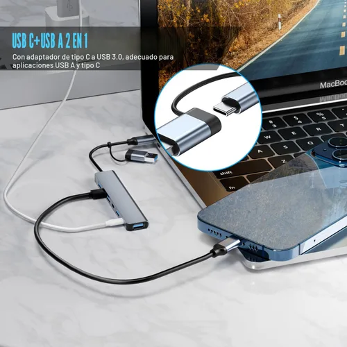 Vista 4 de PANPEO Aluminio 7 en 1 USB C y USB Hub con USB 3.0, puertos USB 2.0 para PC/portátiles/MacBook Pro/Air/iMac/iPad y más dispositivos