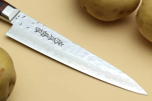 Vista 5 de Yoshihiro VG10 Cuchillo utilitario Petty de acero inoxidable de Damasco martillado de 16 capas (5.3'' (135mm))