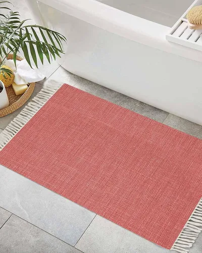 Vintage Coral Red Bathroom Rug 2' x 3', Farmhouse Retro Solid Color Linen Texture Low Profile Front Entryway Rug with Tassels, Woven Cotton Washable