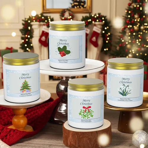 Vista 4 de Juego de 4 velas de Navidad para regalo, velas de cera de soja para vacaciones de invierno con aroma a árbol de Navidad, velas festivas