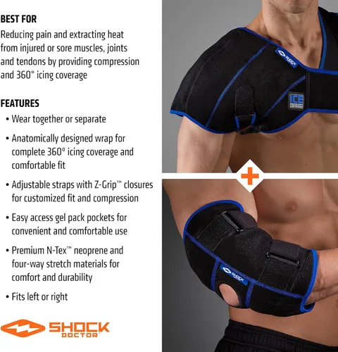 Vista 5 de Shock Doctor Soporte de compresión para hombros y codos de recuperación de hielo, bolsas de hielo de gel reutilizables para lesiones, terapia