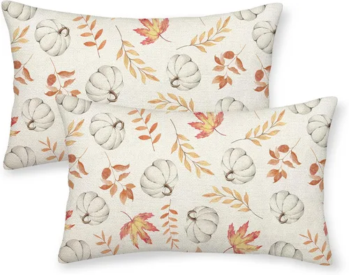 Vista 15 de Fundas de almohada de otoño de 16 x 16 pulgadas, juego de 2 fundas de almohada de hojas de arce de calabaza azul marino para decoración del hogar