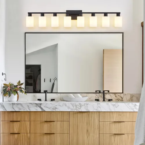Vista 30 de Lámpara de tocador de baño de 6 luces, lámpara de níquel cepillado con pantallas de vidrio esmerilado blanco lechoso, iluminación grande sobre