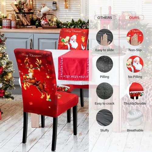Vista 3 de 6 PCS Christmas Dining Chair Covers, Stretch Removable Washable Dining Room Chair Protector Slipcovers, Santa Claus Deer Kitchen Chair Cover