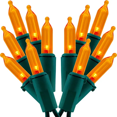 Juego de 200 luces LED de Navidad, paquete de 2 juegos de 25 pies de 100 luces LED de alambre verde (naranja)